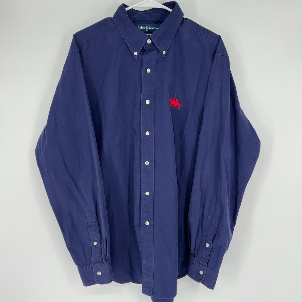 VTG Ralph Lauren Mens XL Navy Blue Classic Fit Button Down Shirt Red Double Pony